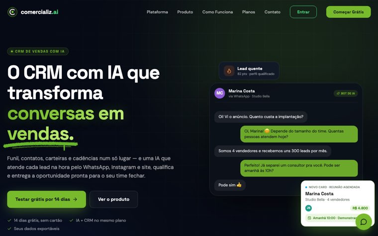 Página do Comercializ, CRM com IA no WhatsApp
