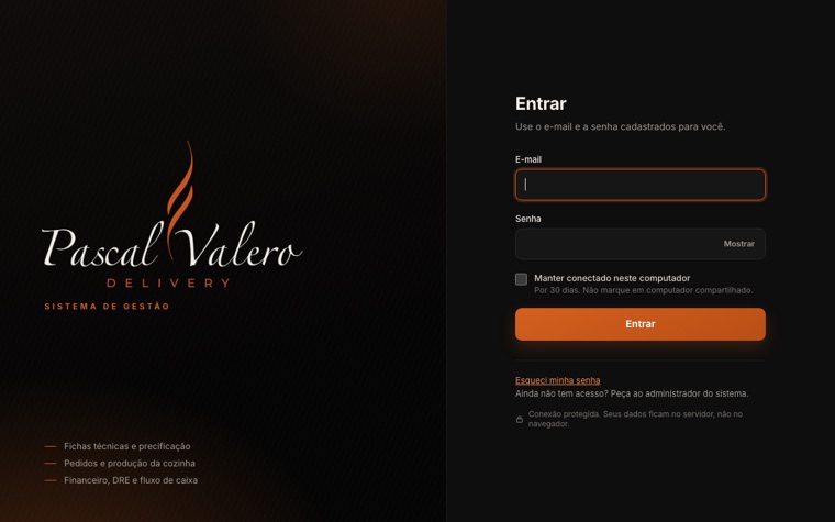 Tela de entrada do sistema de gestão Pascal Valero Delivery